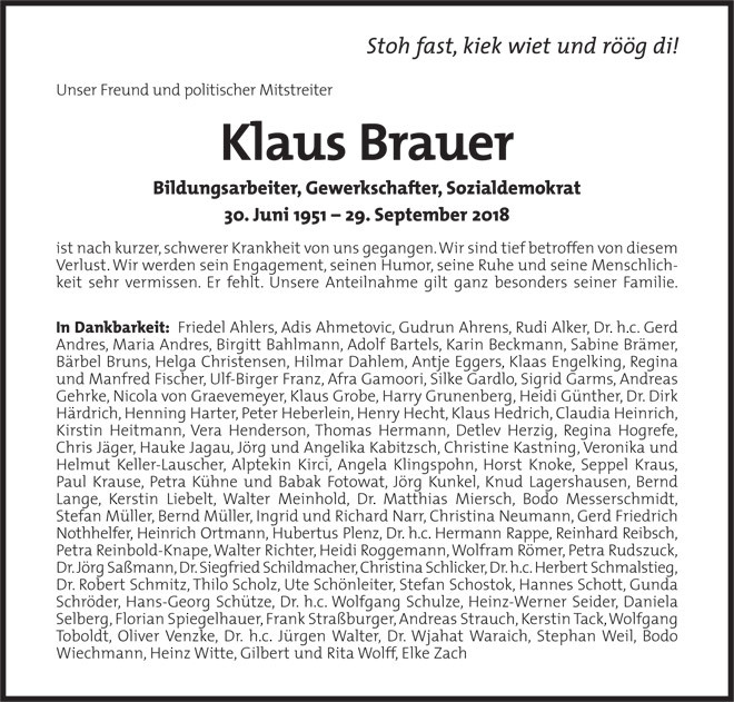 Klaus Brauer Traueranzeige